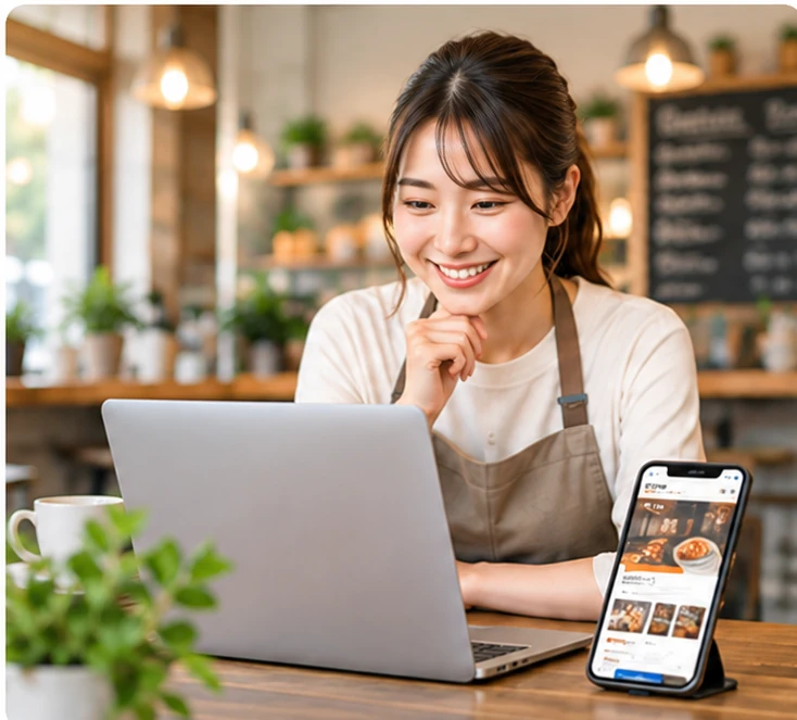 店舗担当者がノートパソコンとスマートフォンでホームページを確認しているイメージ